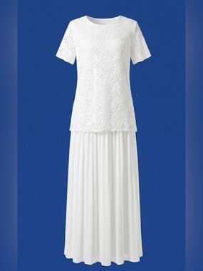 2 Pc White Lace Top & Crinkled Maxi Skirt Set